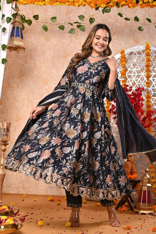 Floral Blue Muslin Modal Festival Suit Set by Nakh - Nakh Clothing