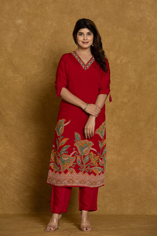 Elegant Red Embroidered Modal Muslin Suit Set with Dupatta - Nakh Clothing