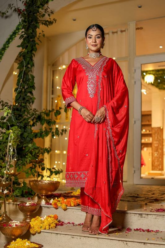 Karwachauth Special Red Silk Modal Suit Set with Elegant Embroidery - Nakh Clothing