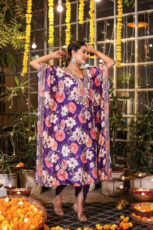 Floral Purple Embellished Premium Silk Kaftan Dhoti Set - Nakh Clothing
