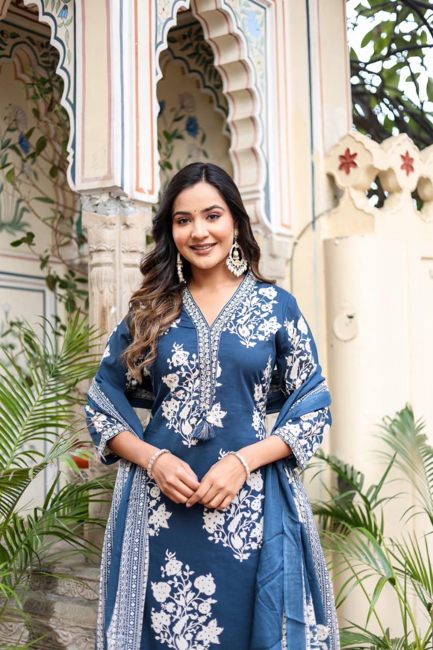 Block Print Cotton Straight Suit With Dupatta - Nakh Clothing