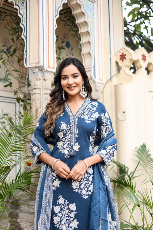 Block Print Cotton Straight Suit With Dupatta - Nakh Clothing