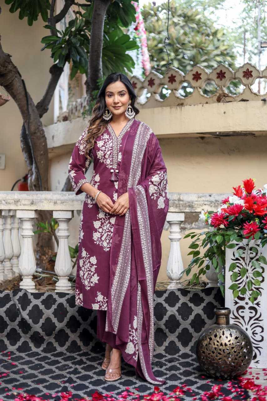 Block Print Cotton Straight Suit With Dupatta - Nakh Clothing