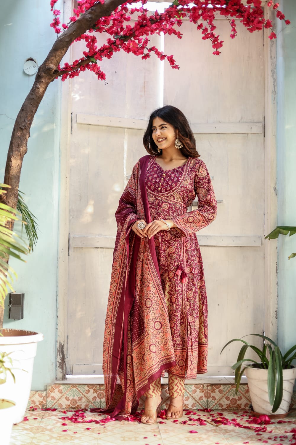 Block Printed Cotton Anarkali Suit Set with Dupatta - Nakh Clothing