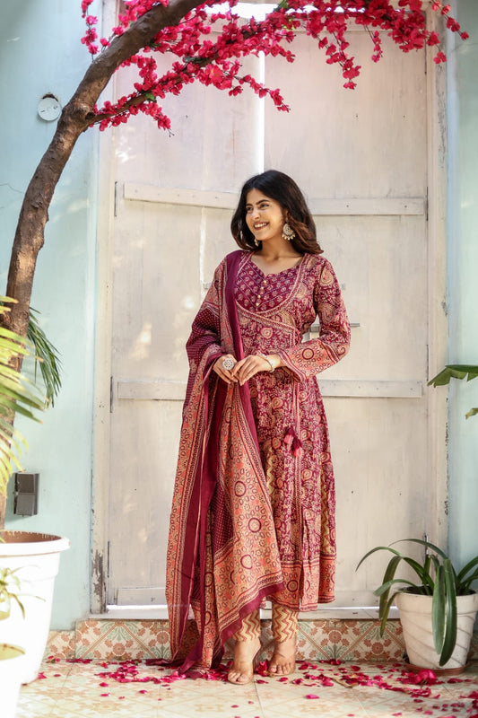 Block Printed Cotton Anarkali Suit Set with Dupatta - Nakh Clothing
