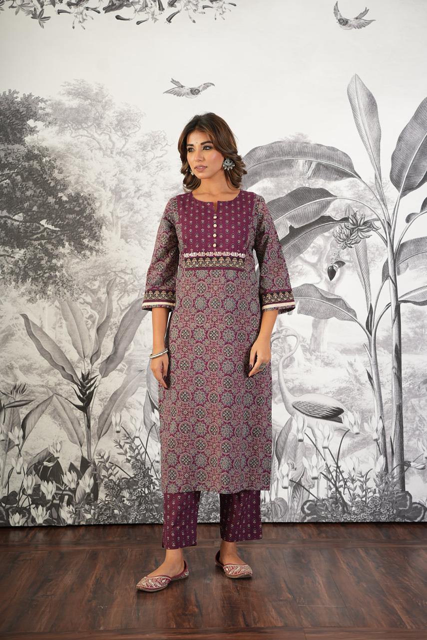 "Timeless Elegance: Ajrakh Printed Cotton Suit with Dupatta & Palazzo" - Nakh Clothing