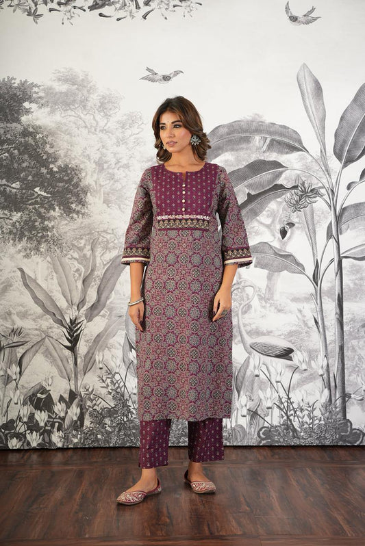 "Timeless Elegance: Ajrakh Printed Cotton Suit with Dupatta & Palazzo" - Nakh Clothing