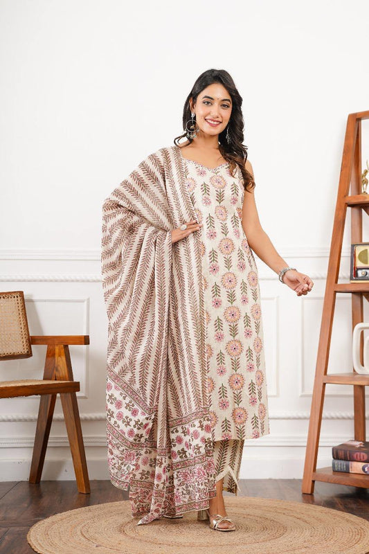 Noodle Strap Cotton 3PC Set with Handwork & Fish Cut Palazzo | Sizes 36–42 - Nakh Clothing
