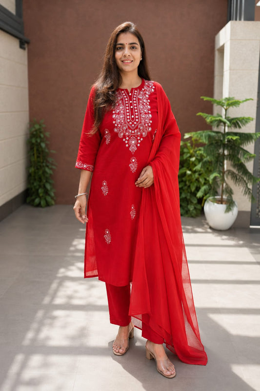 Red Cotton Slub Embroidered 3 Piece Suit Set for Women
