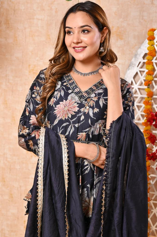 Floral Blue Muslin Modal Festival Suit Set by Nakh - Nakh Clothing