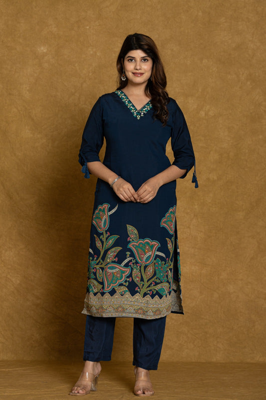 Elegant Blue Embroidered Modal Muslin Suit Set with Dupatta - Nakh Clothing