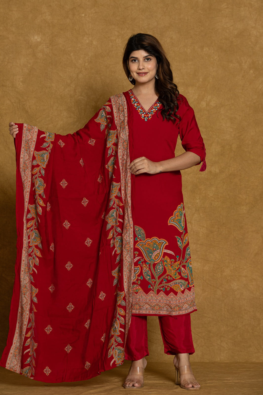 Elegant Red Embroidered Modal Muslin Suit Set with Dupatta - Nakh Clothing