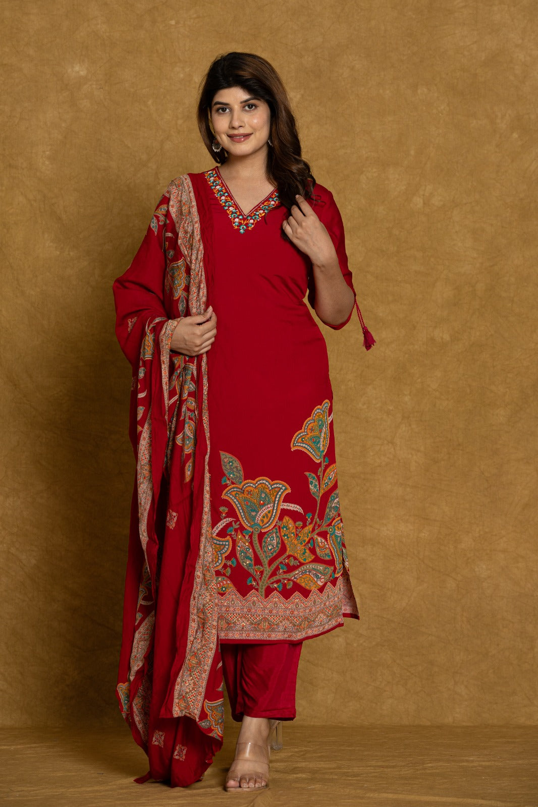 Elegant Red Embroidered Modal Muslin Suit Set with Dupatta - Nakh Clothing