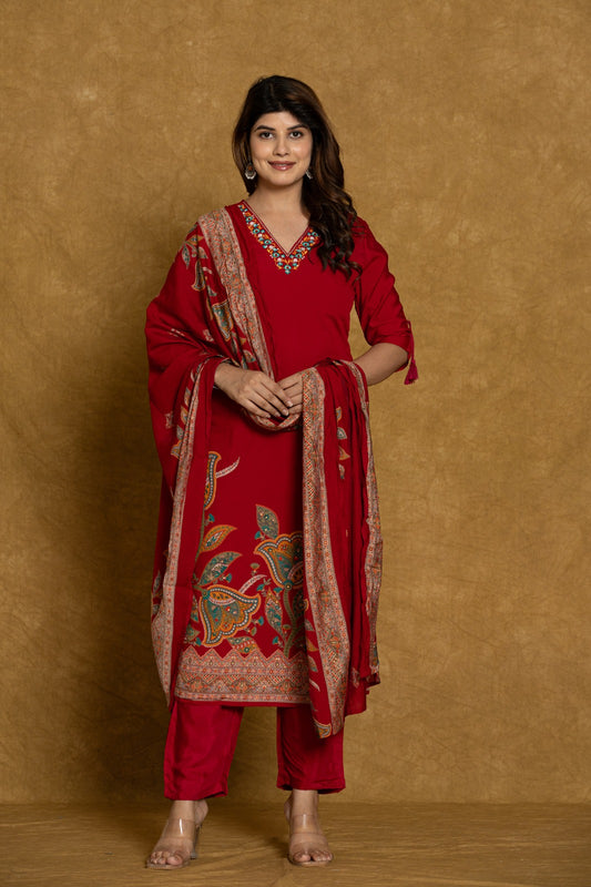 Elegant Red Embroidered Modal Muslin Suit Set with Dupatta - Nakh Clothing