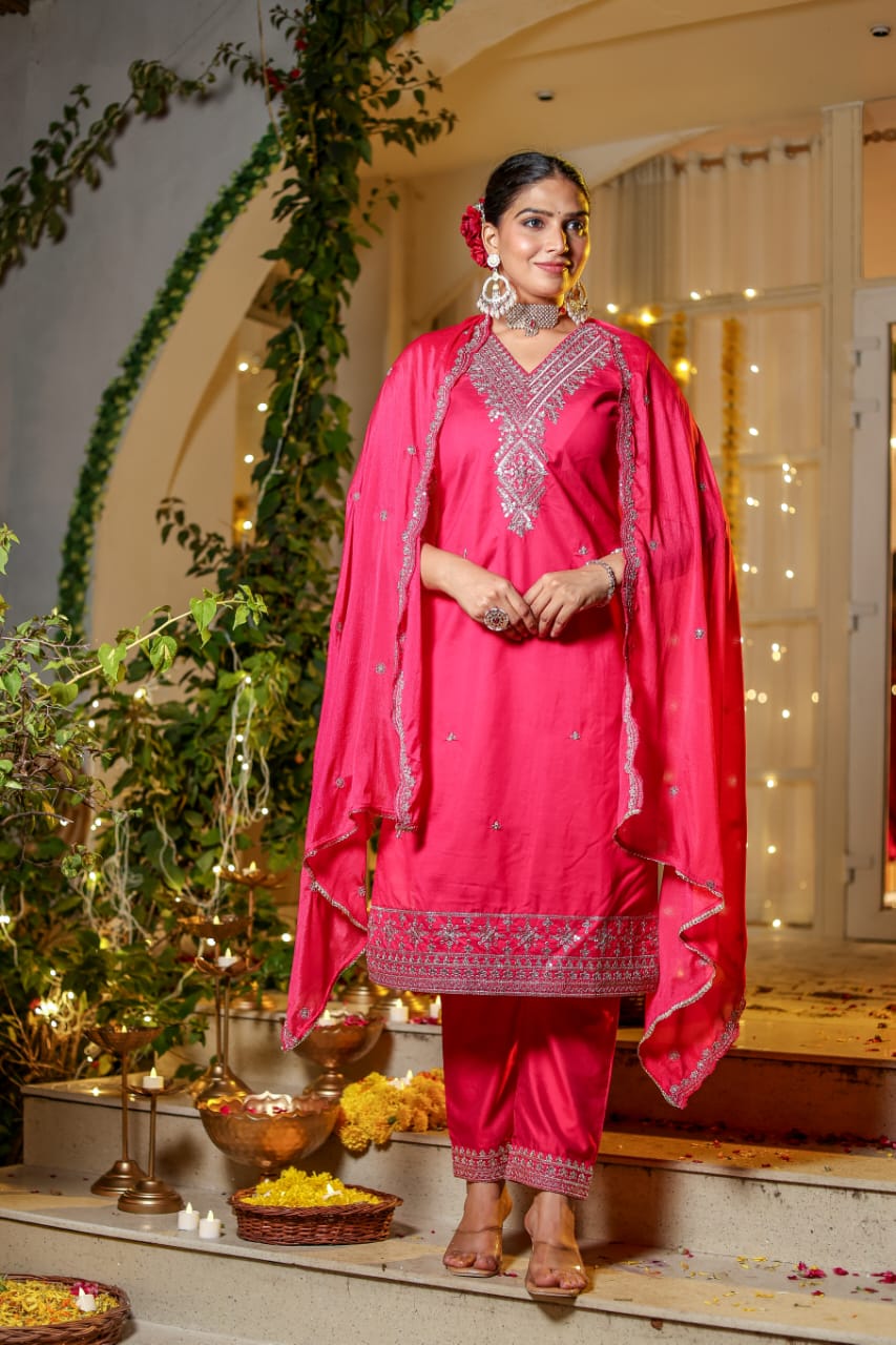 Karwachauth Special Rani Silk Modal Suit Set with Elegant Embroidery - Nakh Clothing