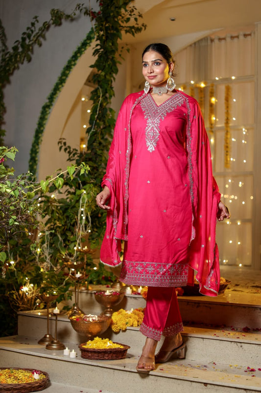 Karwachauth Special Rani Silk Modal Suit Set with Elegant Embroidery - Nakh Clothing