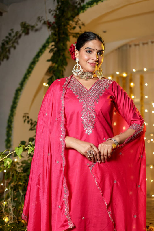 Karwachauth Special Rani Silk Modal Suit Set with Elegant Embroidery - Nakh Clothing