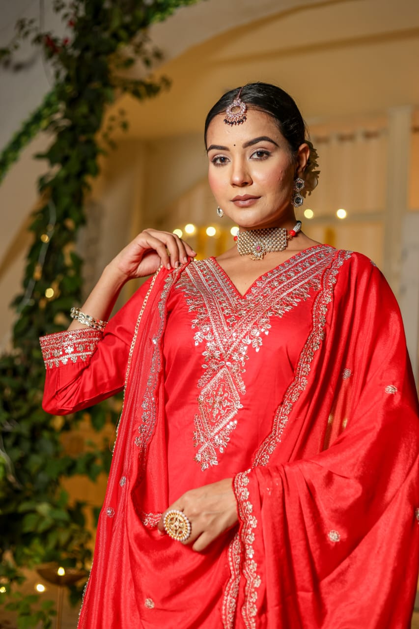 Karwachauth Special Red Silk Modal Suit Set with Elegant Embroidery - Nakh Clothing