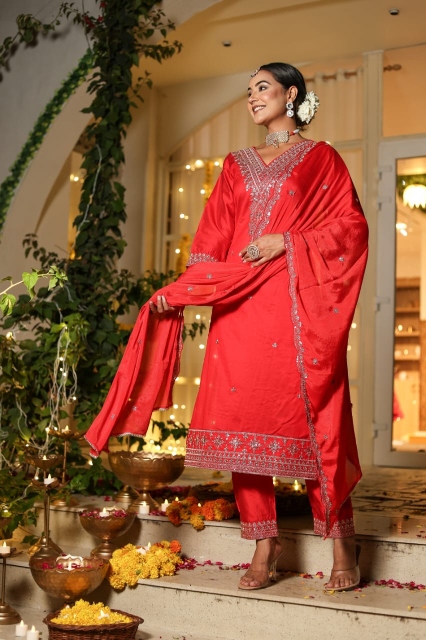 Karwachauth Special Red Silk Modal Suit Set with Elegant Embroidery - Nakh Clothing