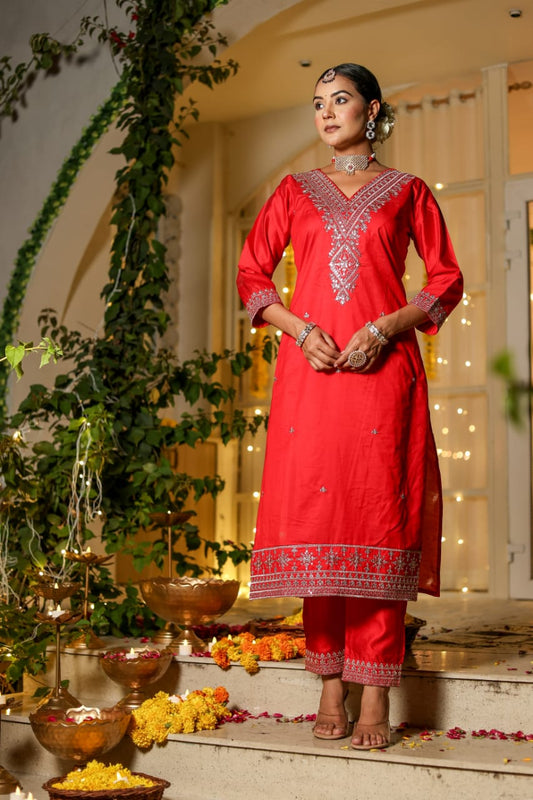 Karwachauth Special Red Silk Modal Suit Set with Elegant Embroidery - Nakh Clothing