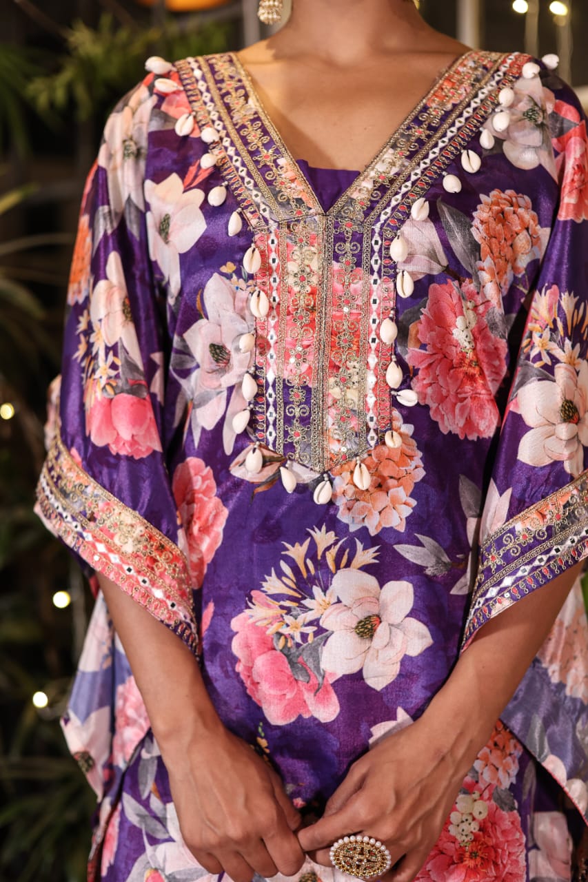 Floral Purple Embellished Premium Silk Kaftan Dhoti Set - Nakh Clothing