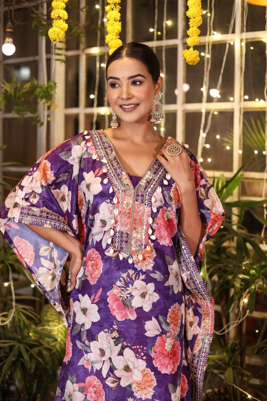 Floral Purple Embellished Premium Silk Kaftan Dhoti Set - Nakh Clothing