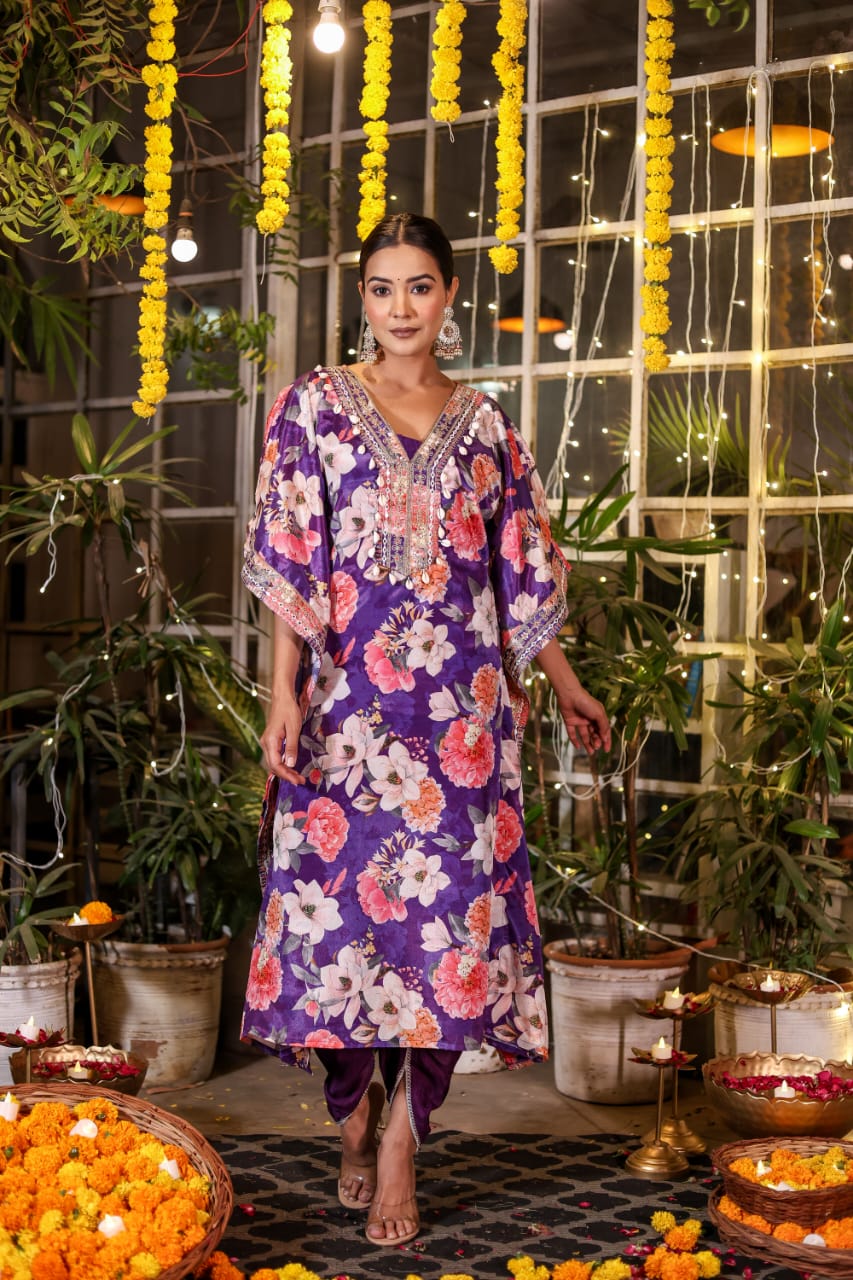 Floral Purple Embellished Premium Silk Kaftan Dhoti Set - Nakh Clothing