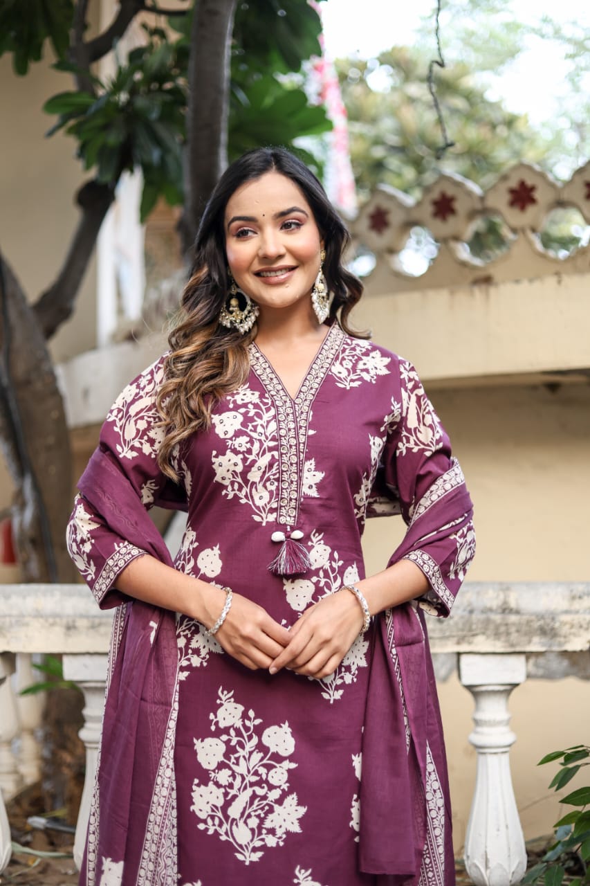 Block Print Cotton Straight Suit With Dupatta - Nakh Clothing