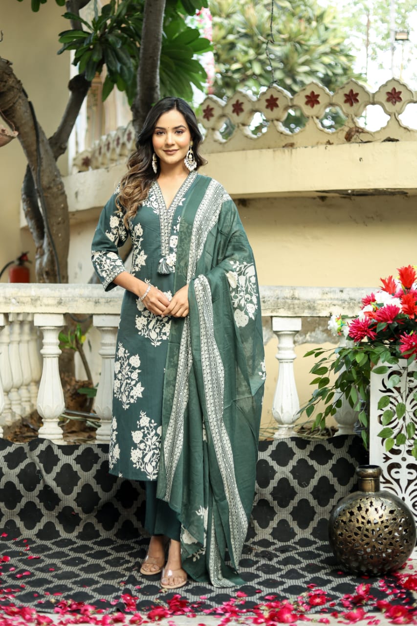 Block Print Cotton Straight Suit With Dupatta - Nakh Clothing