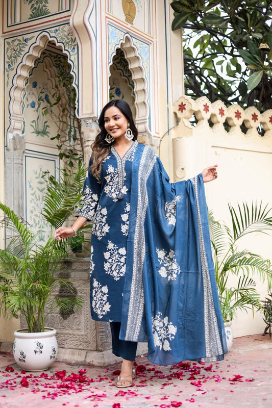 Block Print Cotton Straight Suit With Dupatta - Nakh Clothing