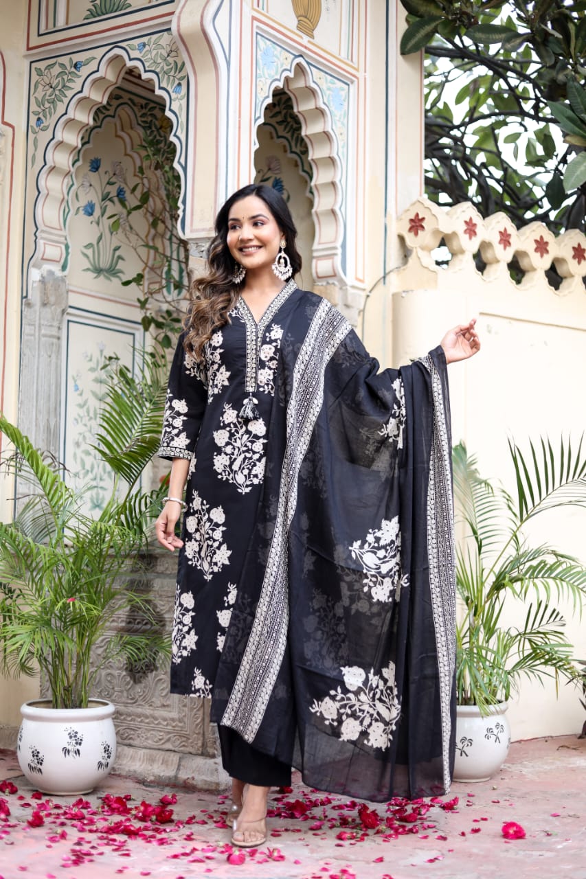 Block Print Cotton Straight Suit With Dupatta - Nakh Clothing