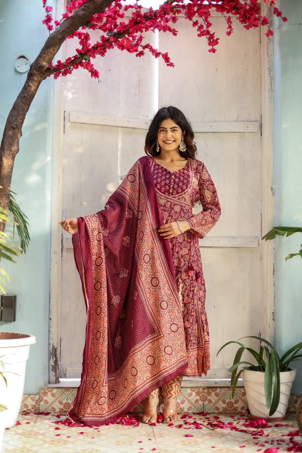 Block Printed Cotton Anarkali Suit Set with Dupatta - Nakh Clothing