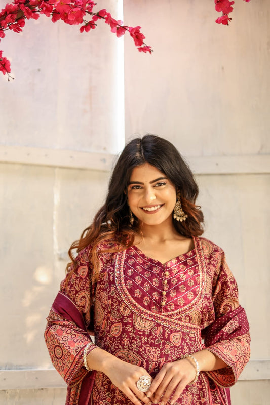 Block Printed Cotton Anarkali Suit Set with Dupatta - Nakh Clothing
