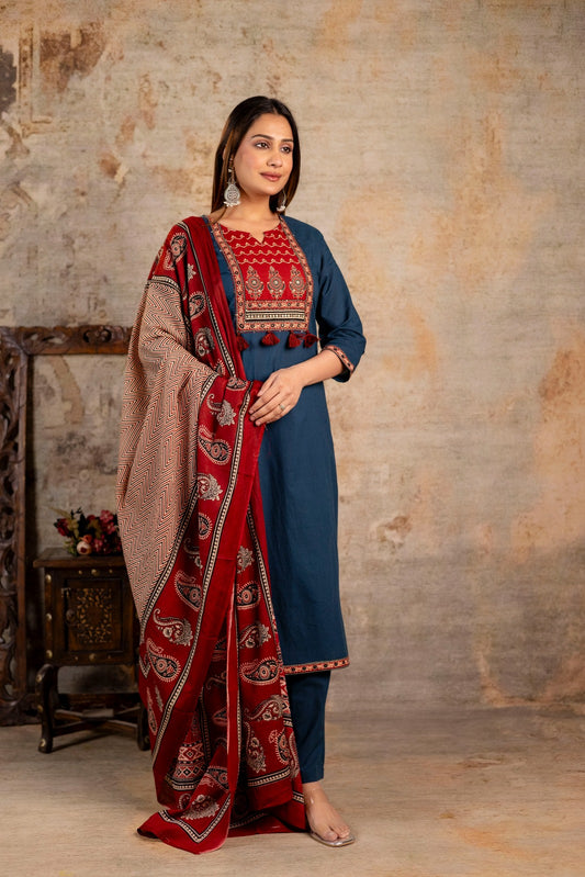 Women Indigo Blue Cotton Applique Round Neck Straight Kurta Pant and Dupatta Set - Nakh Clothing