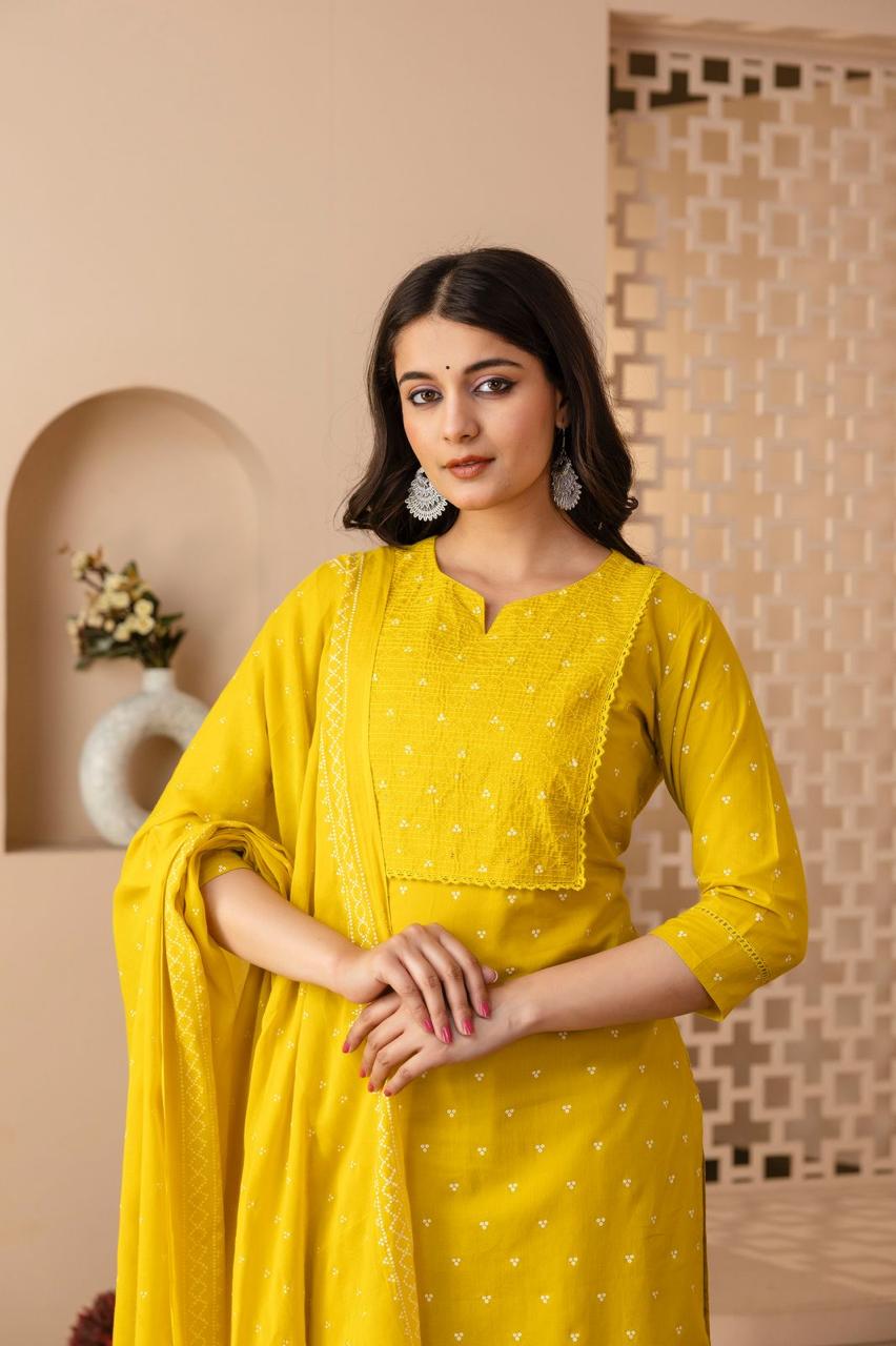 Yellow Cotton Straight Kurta Slim Pants Suit Set - Nakh Clothing