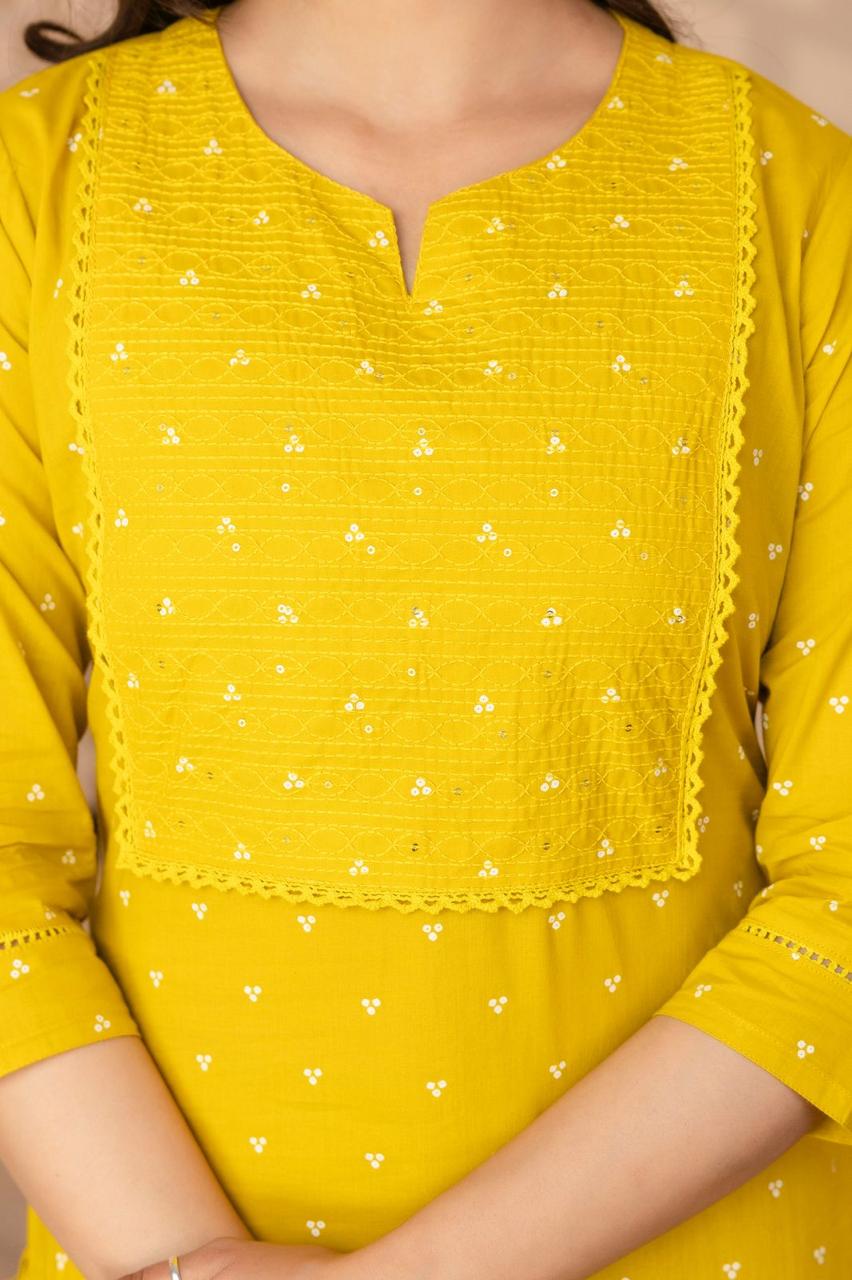 Yellow Cotton Straight Kurta Slim Pants Suit Set - Nakh Clothing