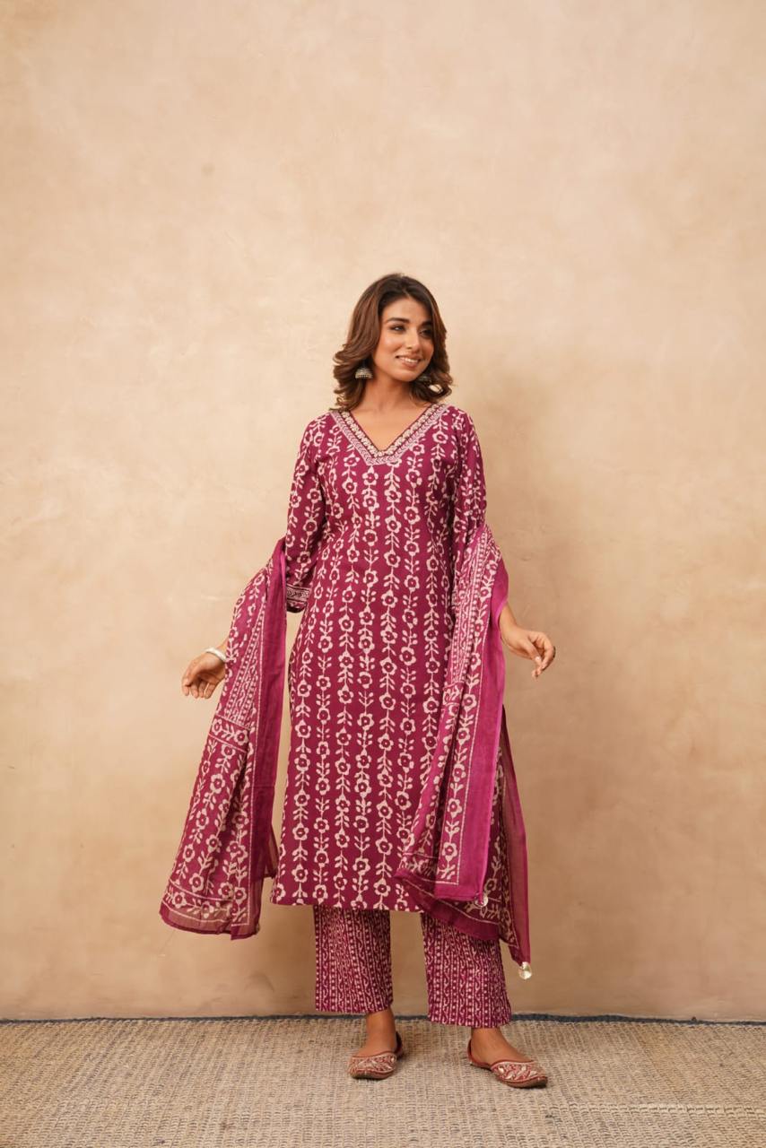 "Elegant Cotton Block Printed Zari Work Suit Set – A Timeless Statement Piece" - Nakh Clothing