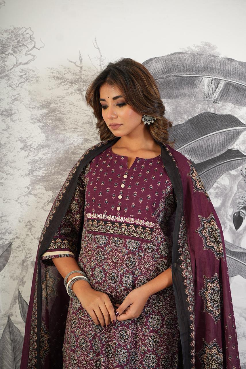 "Timeless Elegance: Ajrakh Printed Cotton Suit with Dupatta & Palazzo" - Nakh Clothing