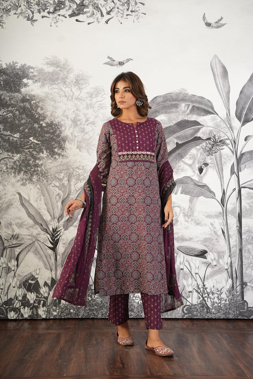 "Timeless Elegance: Ajrakh Printed Cotton Suit with Dupatta & Palazzo" - Nakh Clothing