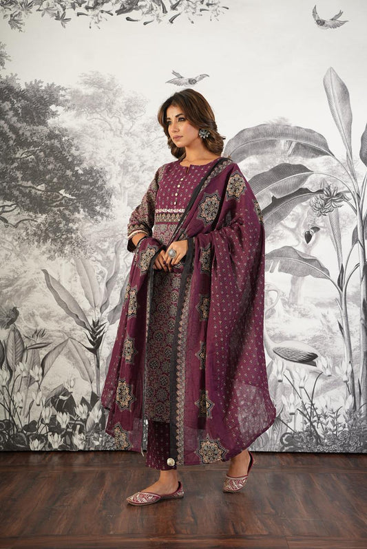 "Timeless Elegance: Ajrakh Printed Cotton Suit with Dupatta & Palazzo" - Nakh Clothing