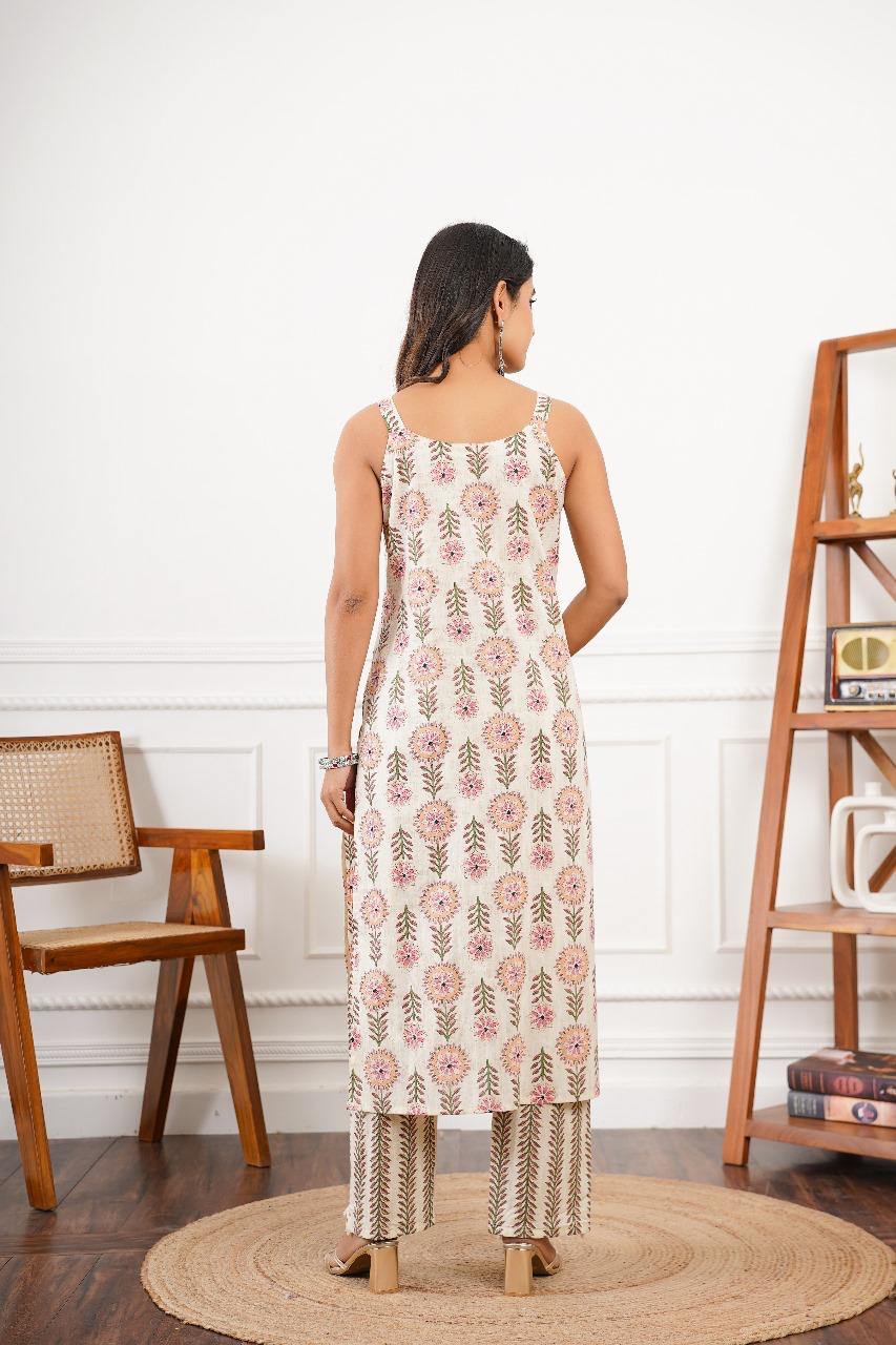 Noodle Strap Cotton 3PC Set with Handwork & Fish Cut Palazzo | Sizes 36–42 - Nakh Clothing