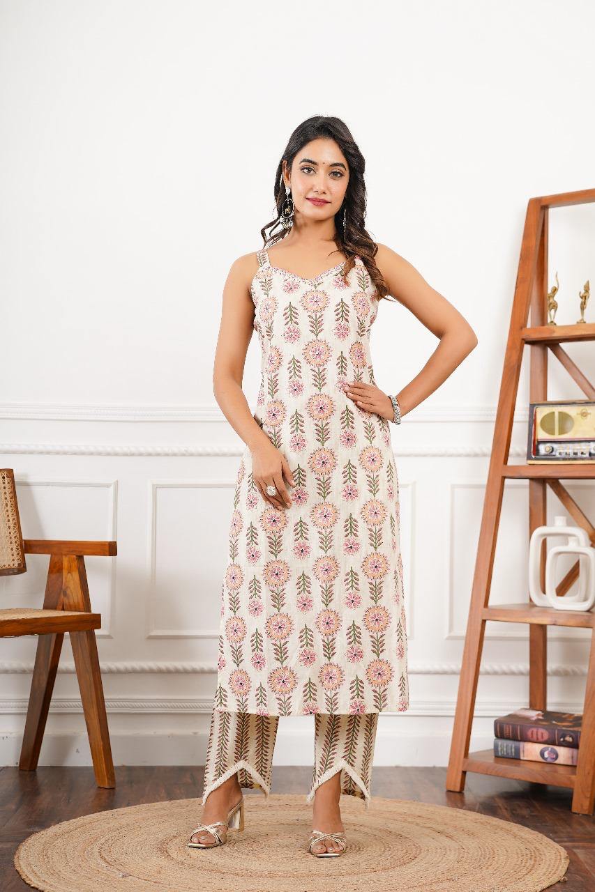 Noodle Strap Cotton 3PC Set with Handwork & Fish Cut Palazzo | Sizes 36–42 - Nakh Clothing