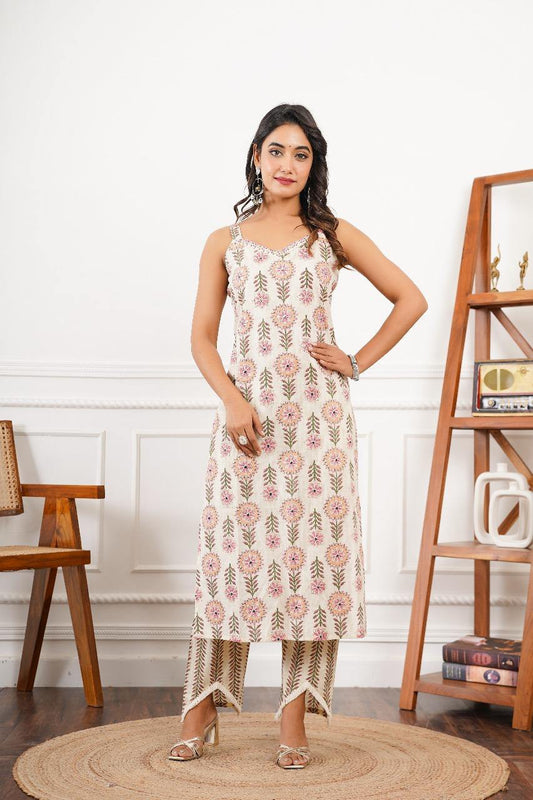 Noodle Strap Cotton 3PC Set with Handwork & Fish Cut Palazzo | Sizes 36–42 - Nakh Clothing