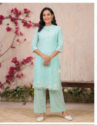 Mint Green Chikankari Cotton Co-Ord Set for Women with Handwork - Nakh Clothing