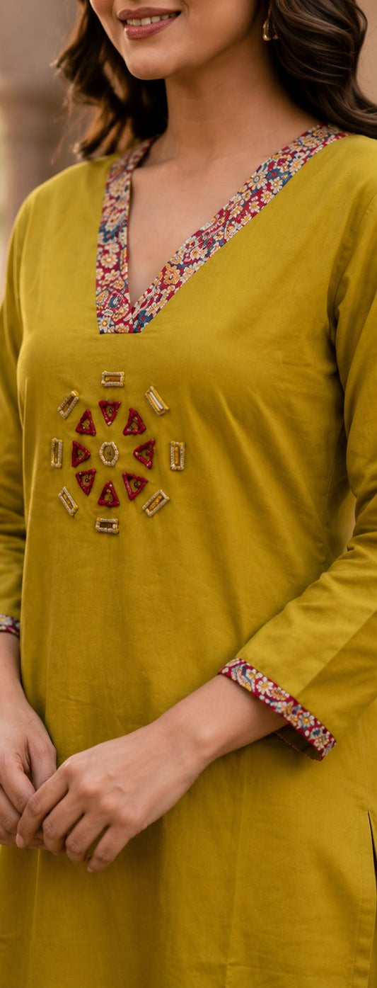 Mustard Dabu Cotton Kurta Palazzo Set with Mirror Work - Nakh Clothing