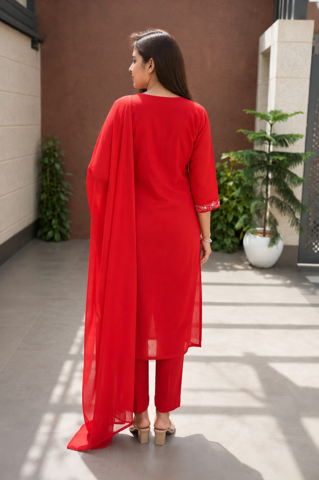 Red Cotton Slub Embroidered 3 Piece Suit Set for Women - Nakh Clothing
