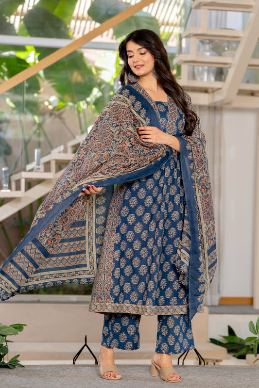 Royal Blue Ethnic Elegance Cotton Suit Set