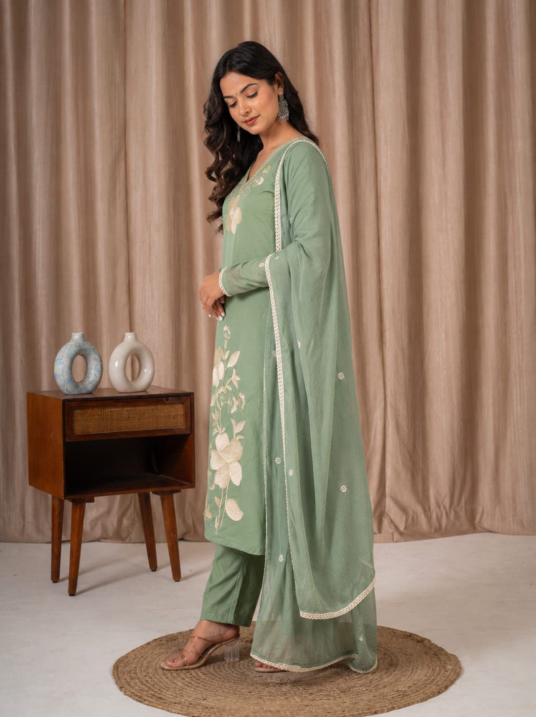 Sage Green Floral Embroidered Cotton Suit Set - Nakh Clothing