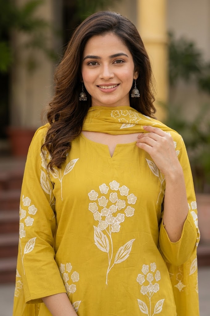 Mustard Yellow Floral Kurta Pant Set with Dupatta – Soft Chanderi Fabric