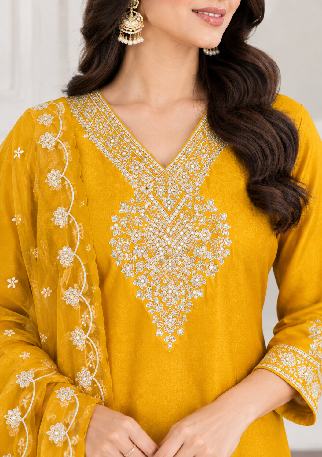 Mustard Roman Silk Charm – Zari Embroidered Divider Set